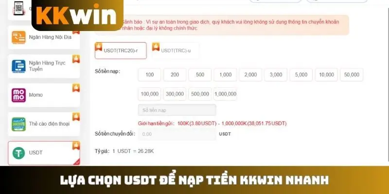 Lựa chọn USDT để nạp tiền KKWIN nhanh