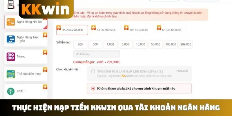 Thực hiện nạp tiền KKWIN qua tài khoản ngân hàng